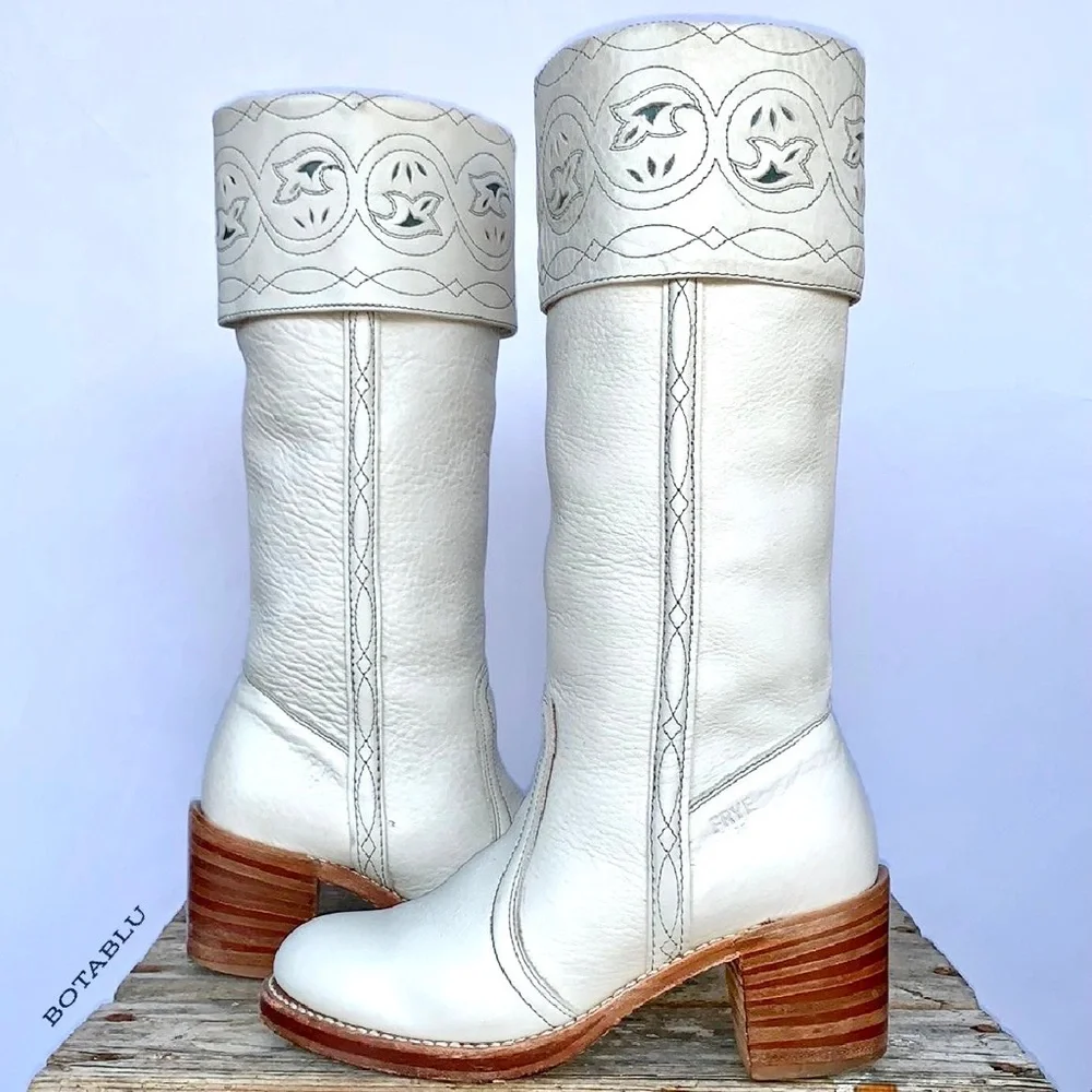 SOLD FRYE Vintage White Sabrina Campus Tooled Cuff Tall Knee High Western Boots - Picture 3 of 12